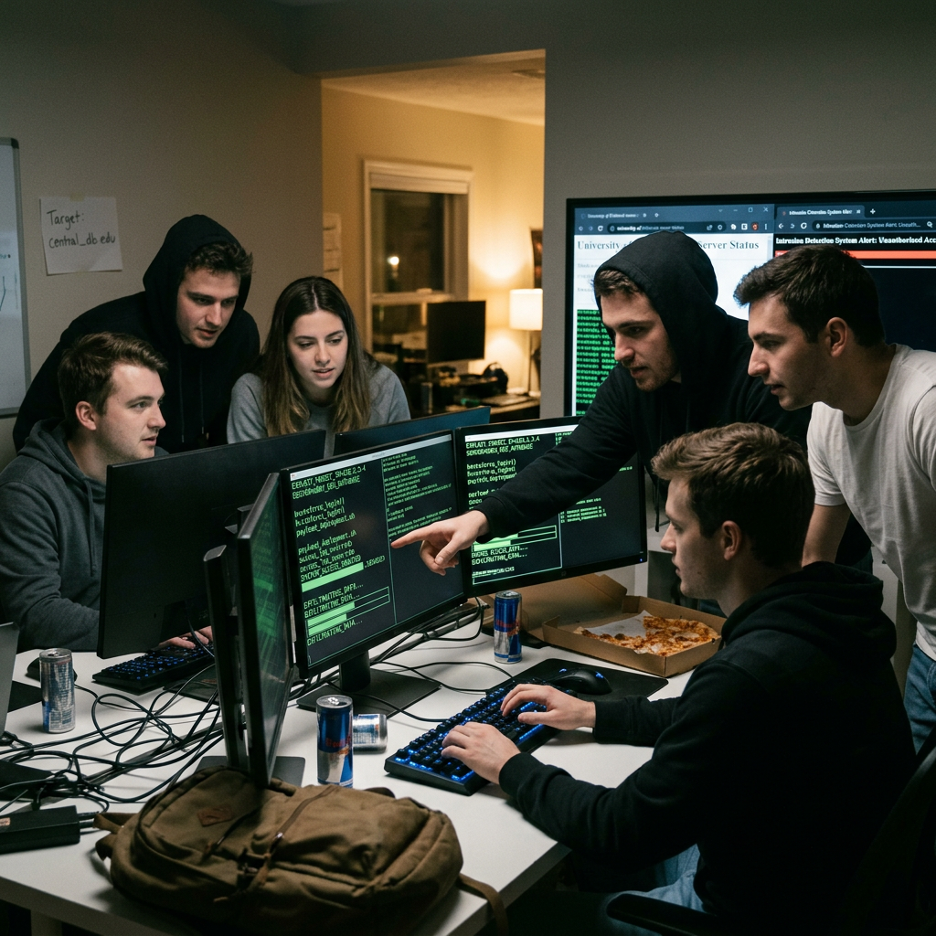 Six young adults collaborating around multiple computer monitors displaying code and alerts